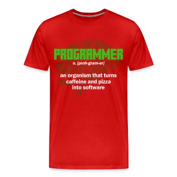 Turns caffeine and pizza into software Software-En - Men's Premium Organic T-Shirt - red - Front - Damien (186cm)