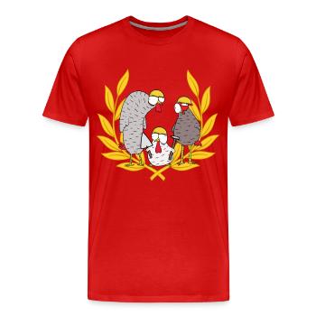 Baustelle Bauherr Einsatz Team Maurer Hühner Job - Männer Premium Bio T-Shirt - Rot - Vorne - Damien (186cm)