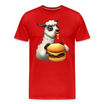 Cheeseburger eating llama - Men's Premium Organic T-Shirt - red - Front - Damien (186cm)