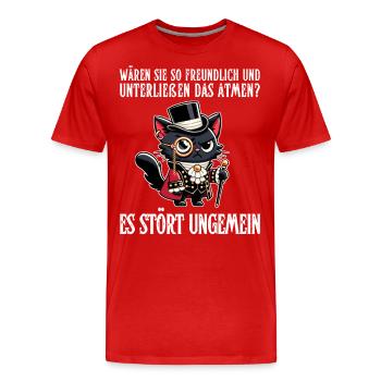 Sa respiration est inquiétante – Chat cynique au regard noble - T-shirt bio Premium Homme - rouge - Devant - Damien (186cm)