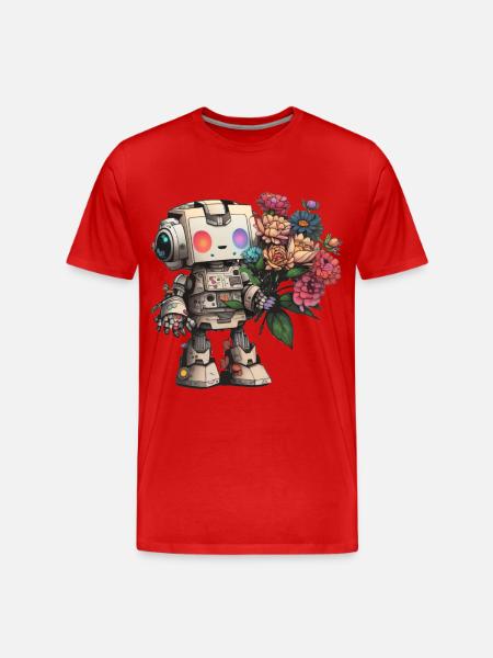 Roboter mit Blumenstrauß - Männer Premium Bio T-Shirt - Rot