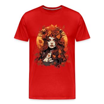 Schöne Frau mit Herbst Laub - Männer Premium Bio T-Shirt - Rot - Vorne - Damien (186cm)