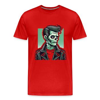 Rockabilly Zombie Skull in Leather - Men's Premium Organic T-Shirt - red - Front - Damien (186cm)