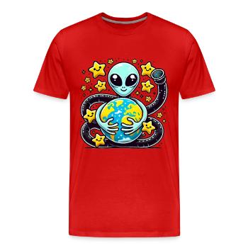 Lustiger Außerirdischer mit Erde Design - Männer Premium Bio T-Shirt - Rot - Vorne - Damien (186cm)