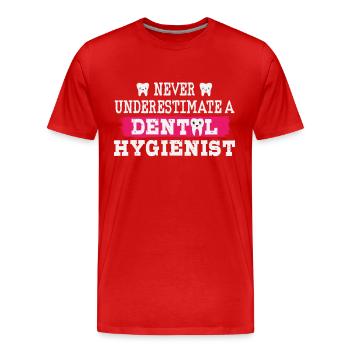 Never underestimate a dental hygienist - Men's Premium Organic T-Shirt - red - Front - Damien (186cm)