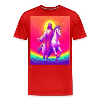 Jesus reitet Einhorn – Regenbogen Fantasy Kunstdesign - Männer Premium Bio T-Shirt - Rot - Vorne - Damien (186cm)