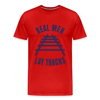 Real men lay tracks rails - Men's Premium Organic T-Shirt - red - Front - Damien (186cm)