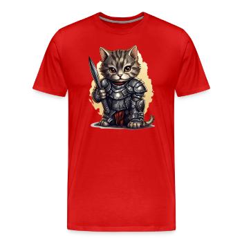 Katze in Ritter Ausrüstung mit Dolch, AI Gen - Männer Premium Bio T-Shirt - Rot - Vorne - Damien (186cm)