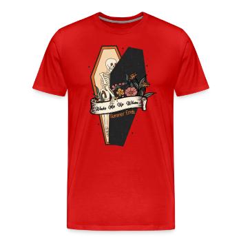 Lustiges Halloween Design: Skelett im Sarg Spruch - Männer Premium Bio T-Shirt - Rot - Vorne - Damien (186cm)
