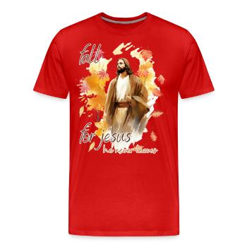 Fall Jesus He Never Leaves: Christian Autumn Vibes - Männer Premium Bio T-Shirt - Rot - Vorne - Damien (186cm)