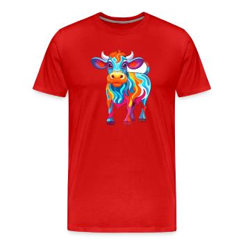 Vache Aquarelle Colorée Dessin Animé Kawaii Animal - T-shirt bio Premium Homme - rouge - Devant - Damien (186cm)