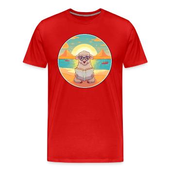 Sheep Cute Funny Cartoon Kawaii Book Beach - Men's Premium Organic T-Shirt - red - Front - Damien (186cm)