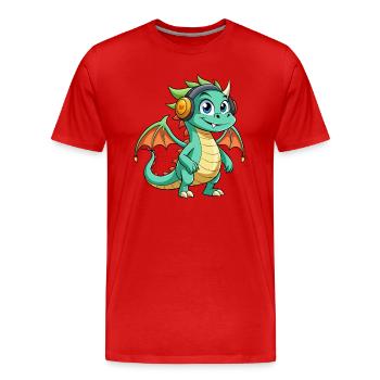 Dragon Funny Cartoon Character Headphone Music - Men's Premium Organic T-Shirt - red - Front - Damien (186cm)