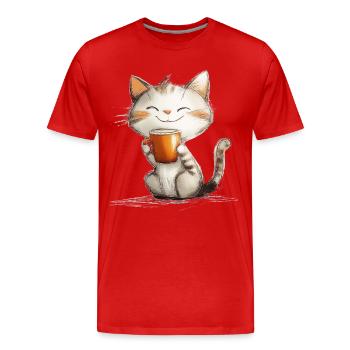Chat heureux avec du café - T-shirt bio Premium Homme - rouge - Devant - Damien (186cm)