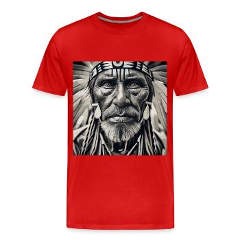 vieil homme avec coiffe de plumes - T-shirt bio Premium Homme - rouge - Devant - Damien (186cm)