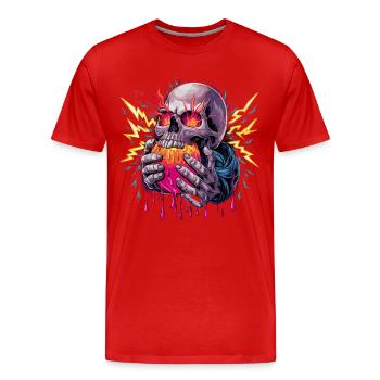 Crâne avec cœur enflammé et foudre - T-shirt bio Premium Homme - rouge - Devant - Damien (186cm)