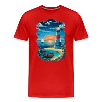 Phare coucher de soleil au bord de la mer avec voilier - T-shirt bio Premium Homme - rouge - Devant - Damien (186cm)