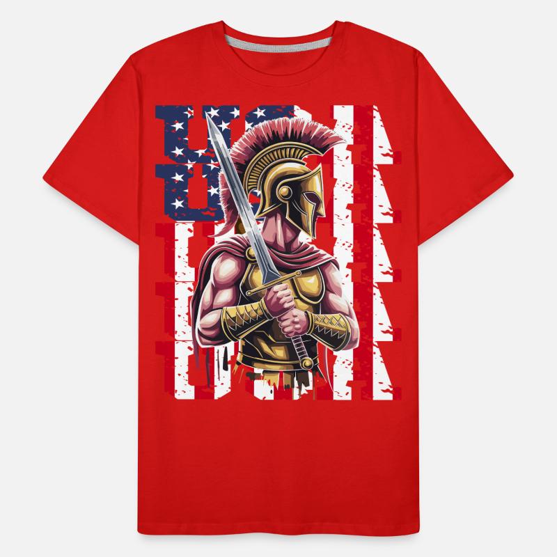 Guerrier spartiate des États-Unis avec épée devant le drapeau T-shirt bio Premium Homme