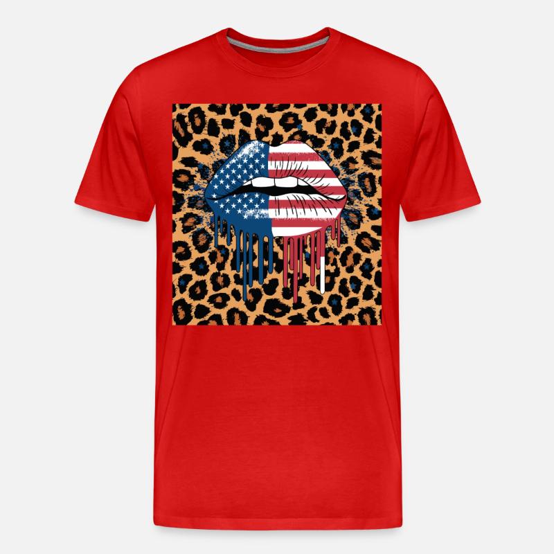 Leopard Lippen mit USA Flagge - Männer Premium Bio T-Shirt - Rot