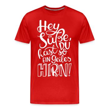 Hey Süße, du hast so ein geiles HIRN! - Männer Premium Bio T-Shirt - Rot - Vorne - Damien (186cm)