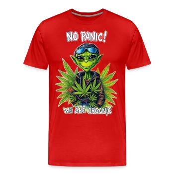 Cannabis Alien - PAS DE PANIQUE NOUS SOMMES BIO 2 - T-shirt bio Premium Homme - rouge - Devant - Damien (186cm)