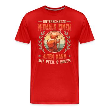 Vieil homme Avec arc et flèche, tir à l’arc. - T-shirt bio Premium Homme - rouge - Devant - Damien (186cm)