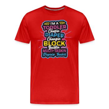 Toddler chases diaper, changing childminder - Men's Premium Organic T-Shirt - red - Front - Damien (186cm)