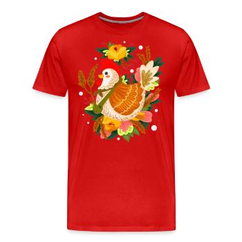 Une mère poule fait éclore des œufs d’élevage de poulets - T-shirt bio Premium Homme - rouge - Devant - Damien (186cm)