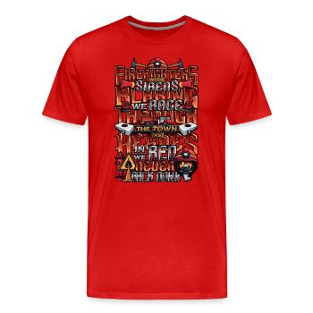 Slogan des pompiers, Brigade de pompiers volontaires - T-shirt bio Premium Homme - rouge - Devant - Damien (186cm)