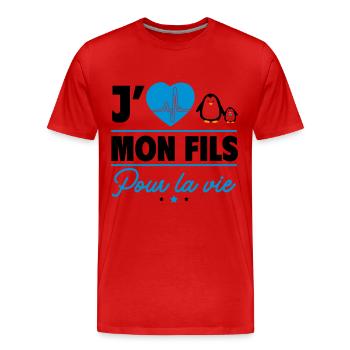 J'aime mon fils – Pour parents et humour - T-shirt bio Premium Homme - rouge - Devant - Damien (186cm)