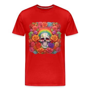 Crâne avec arc-en-ciel dans un lit de roses - T-shirt bio Premium Homme - rouge - Devant - Damien (186cm)