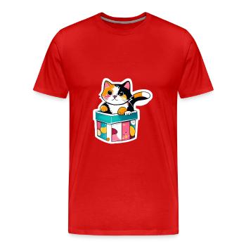 « Un chat curieux dans une boîte, - T-shirt bio Premium Homme - rouge - Devant - Damien (186cm)