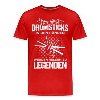 Mit den Drumsticks in den Händen Schlagzeuger - Männer Premium Bio T-Shirt - Rot - Vorne - Damien (186cm)