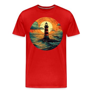Leuchtturm bei Sonnenuntergang, Romantisches - Männer Premium Bio T-Shirt - Rot - Vorne - Damien (186cm)