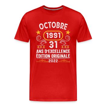 Octobre 1991 31 Ans Citation Anniversaire Vintage - T-shirt bio Premium Homme - rouge - Devant - Damien (186cm)