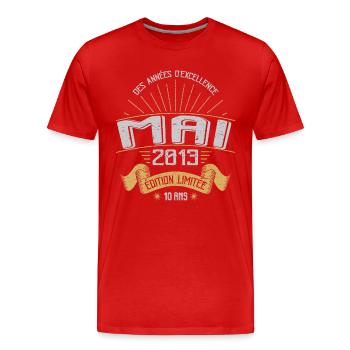 Mai 2013 10 Ans Anniversaire Vintage Idée Cadeau - T-shirt bio Premium Homme - rouge - Devant - Damien (186cm)