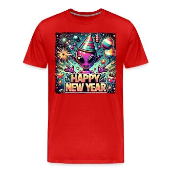 Neujahr Sylvester Alien Frohes Fest - Männer Premium Bio T-Shirt - Rot - Vorne - Damien (186cm)