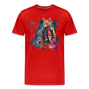Katze Saxophon Jazz Musiker Saxophonist Swing Miau - Männer Premium Bio T-Shirt - Rot - Vorne - Damien (186cm)