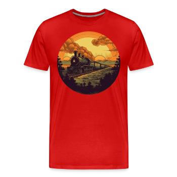 Retro Dampflok im Sonnenuntergang - Männer Premium Bio T-Shirt - Rot - Vorne - Damien (186cm)