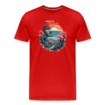 Japanischer Drache am Mount Fuji mit Kirschblüten - Männer Premium Bio T-Shirt - Rot - Vorne - Damien (186cm)