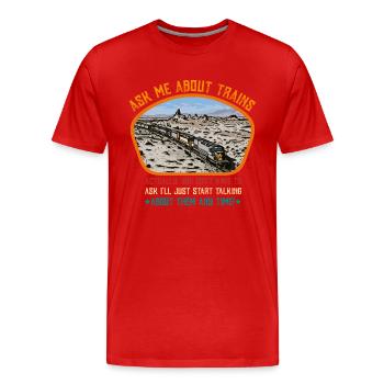 Fragen Sie mich nach Zügen - Männer Premium Bio T-Shirt - Rot - Vorne - Damien (186cm)