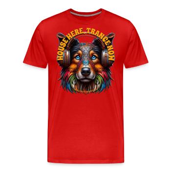 HOUSE HERE TRANCE NOW - Collie with Headphones! - Men's Premium Organic T-Shirt - red - Front - Damien (186cm)