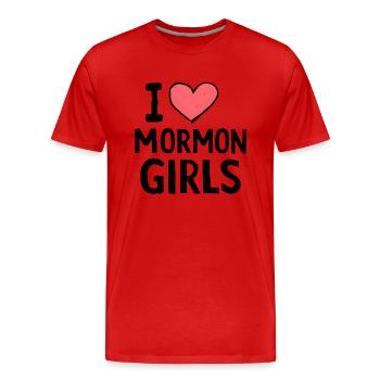 J’adore les filles mormones - T-shirt bio Premium Homme - rouge - Devant - Damien (186cm)