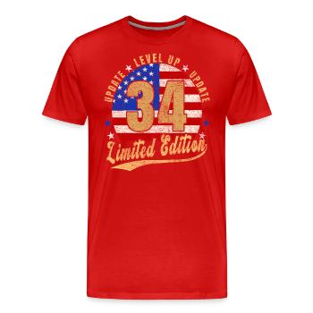 Mise à jour Level Up 34 Years Limited Edition USA - T-shirt bio Premium Homme - rouge - Devant - Damien (186cm)