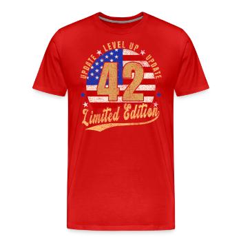 Mise à jour Level Up 42 Years Limited Edition USA - T-shirt bio Premium Homme - rouge - Devant - Damien (186cm)