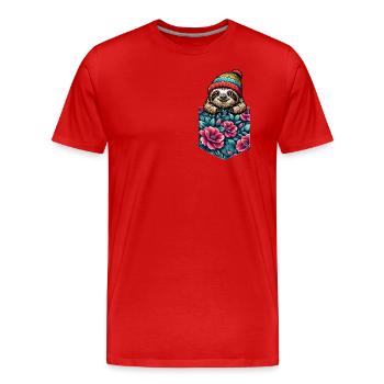 Faultier mit Beanie - T-Shirt Tasche Brusttasche - Männer Premium Bio T-Shirt - Rot - Vorne - Damien (186cm)