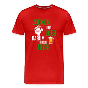 Zocken und Bier darum bin ich hier Gamer LAN Party - Männer Premium Bio T-Shirt - Rot - Vorne - Damien (186cm)