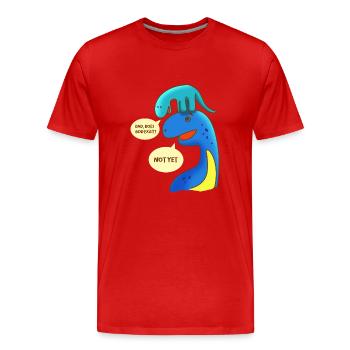 Atheist Dad Does God Exist? Not yet dinosaurs - Men's Premium Organic T-Shirt - red - Front - Damien (186cm)
