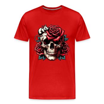 Crâne avec des roses rouges, des vrilles de rose et une souris - T-shirt bio Premium Homme - rouge - Devant - Damien (186cm)