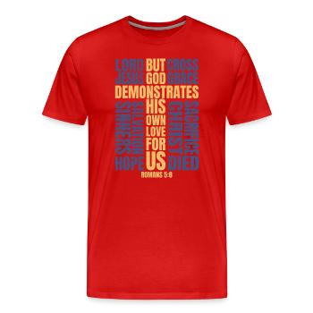 Bible Romans 5:8 - Männer Premium Bio T-Shirt - Rot - Vorne - Damien (186cm)